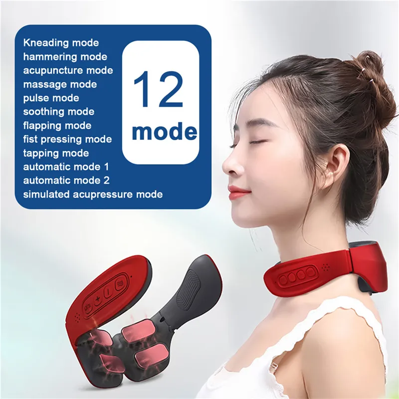 Smart Electric Neck Shoulder 12 Modes MassagerTENS Riscaldamento senza fili Cervical Relax Strumento di massaggio antidolorifico