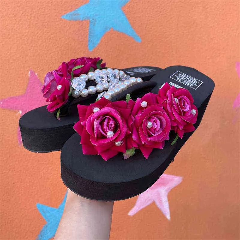 Terlik 6 cm Yüksek Topuk Kadın Yaz 3 Çiçek Kore Yamaç Flip Flop Platformu Sandal Tatil Seyahat Sandalet Kadın Ayakkabı220308