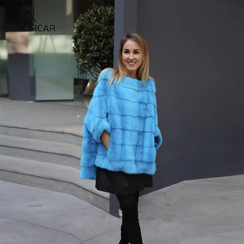 Fursarcar Real Mink Fur Coat Äkta läder Poncho Naturlig Höst Vinter Kvinnor Real Fur Lyx Kläder för Kvinnor Ytterkläder 201212