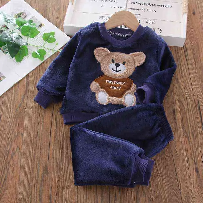 Barn mode kläder uppsättningar baby pojke flicka höst vinter flanell pyjamas toddler t-shirt byxa 2st / set casual homewear 211224