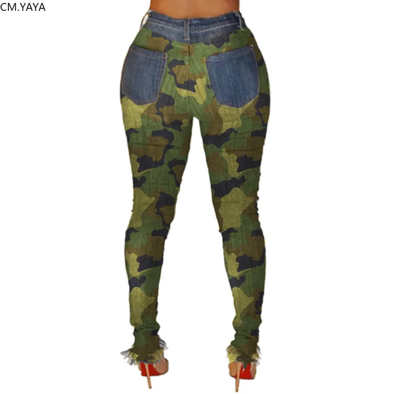 New Autumn Winter Female Denim Pants Women Skinny Hole Spliced Camouflage Print Jeans Sexy pencil Bandage Trousers HSF2096 LJ200811