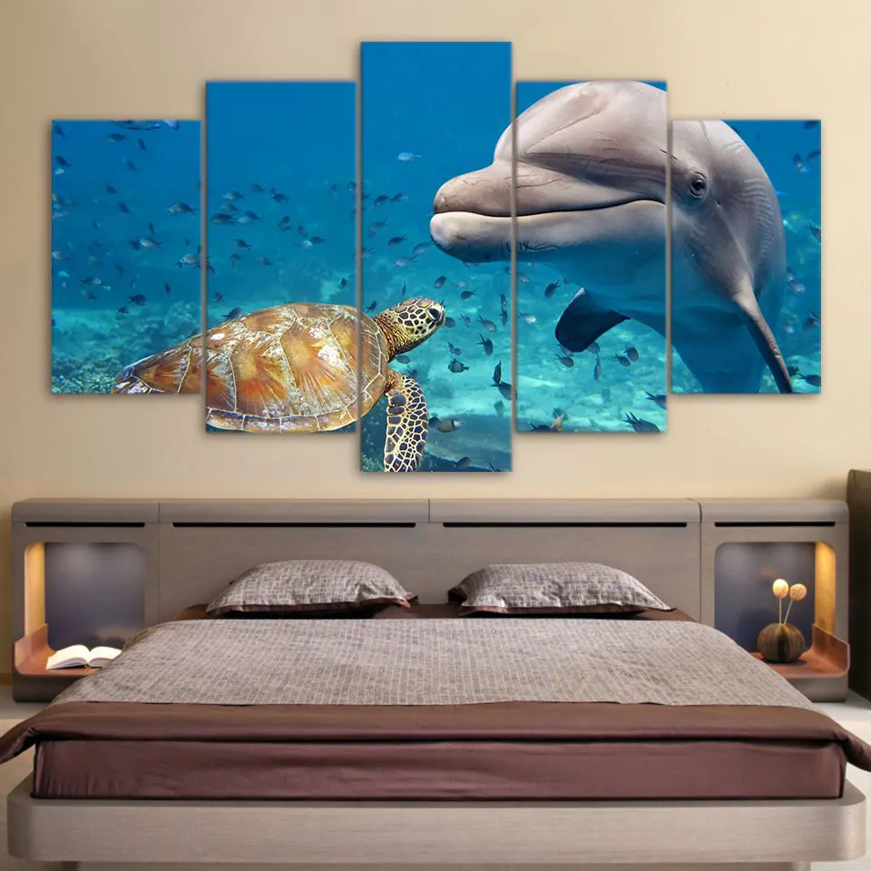 홈 장식 포스터 현대 벽 아트 5 조각 동물 바다 거북 그림 프레임 워크 거실 HD 인쇄 된 풍경 그림 lj200908