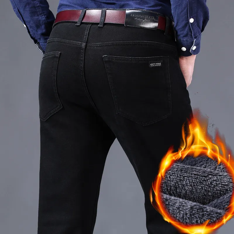 Jeans pour hommes Hiver Hommes Noir Slim Fit Stretch Épais Velours Pantalon Chaud Casual Polaire Ligne Pantalon Mâle Plus Taille 220922