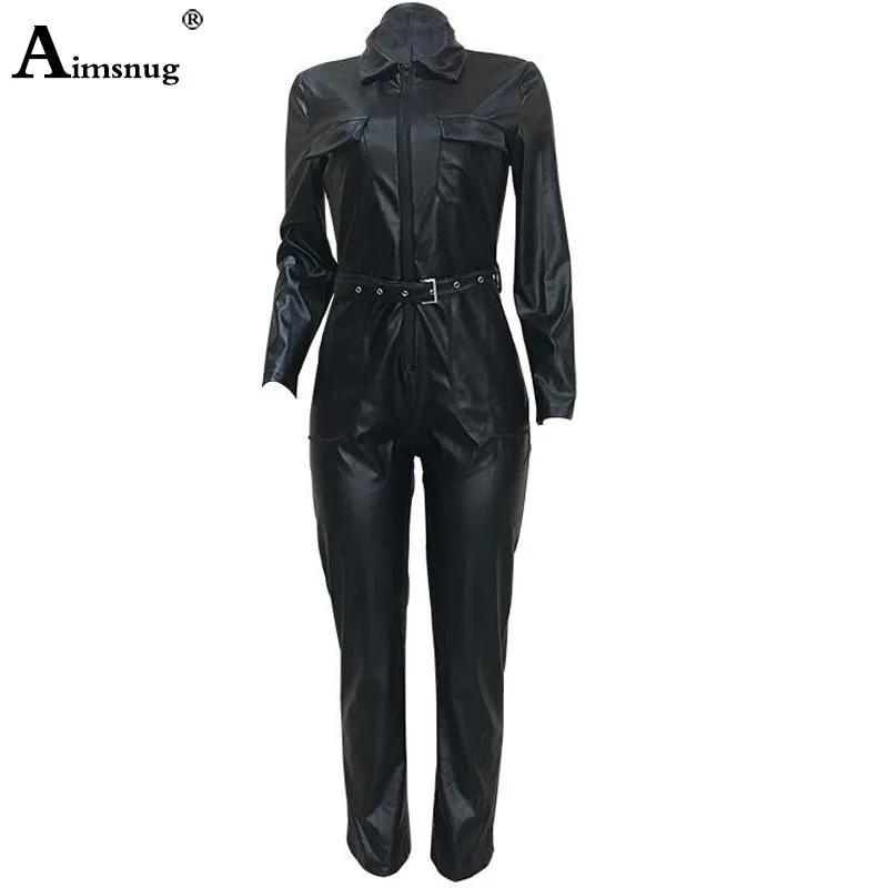 Kvinnor Mode Hög Midja PU Läder Jumpsuits Lace-up Skinny Bodysuits Flickor Zipper Faux Läder Vår Vinter Sexiga Overaller T200303