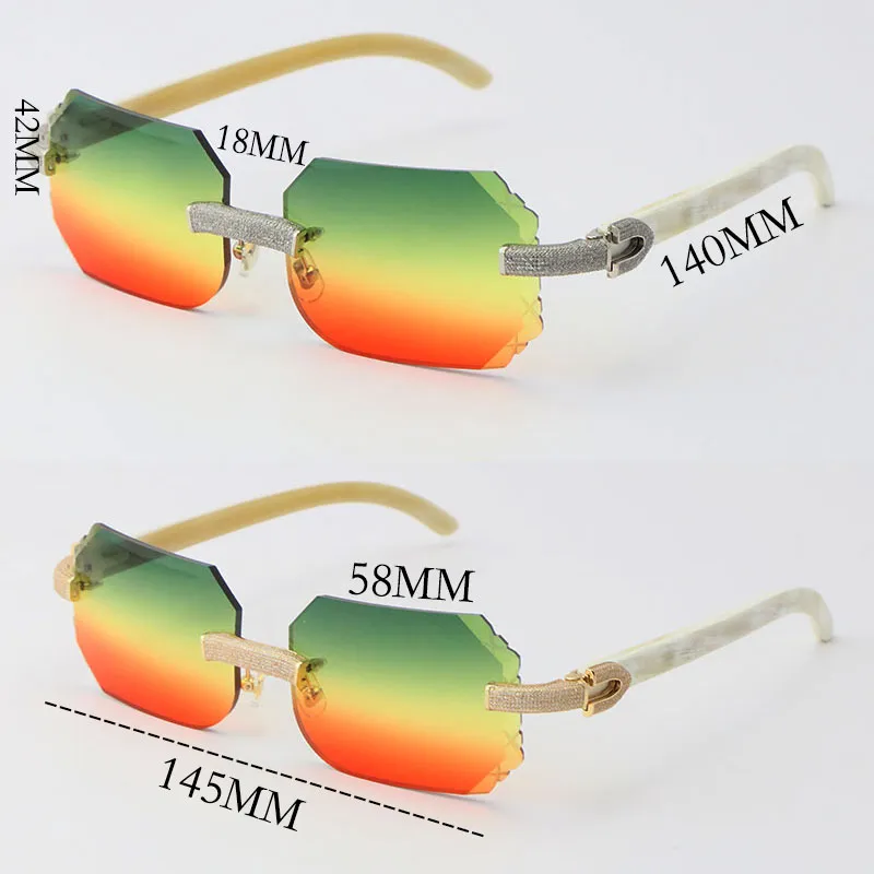 2022 New Micro-paved Rimless Luxury Diamond Set Sunglasses White Genuine Natural Buffalo Horn Sun Glasses Rocks Frame Male and Fem1965