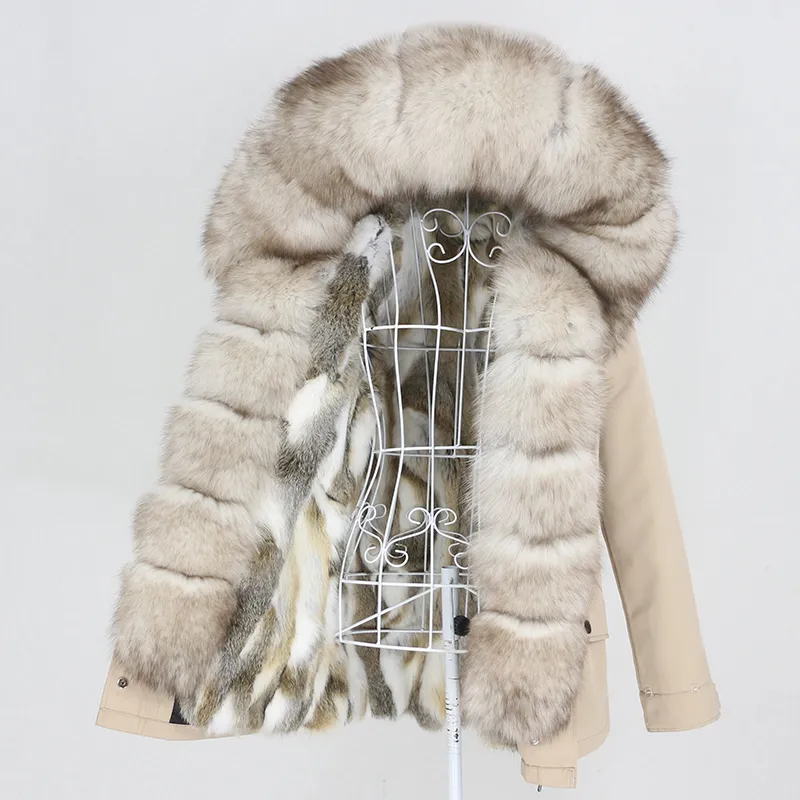 OFTBUY Véritable manteau de fourrure de lapin imperméable Parka naturel renard raton laveur col de fourrure capuche veste d'hiver femme vêtement d'extérieur amovible 201212