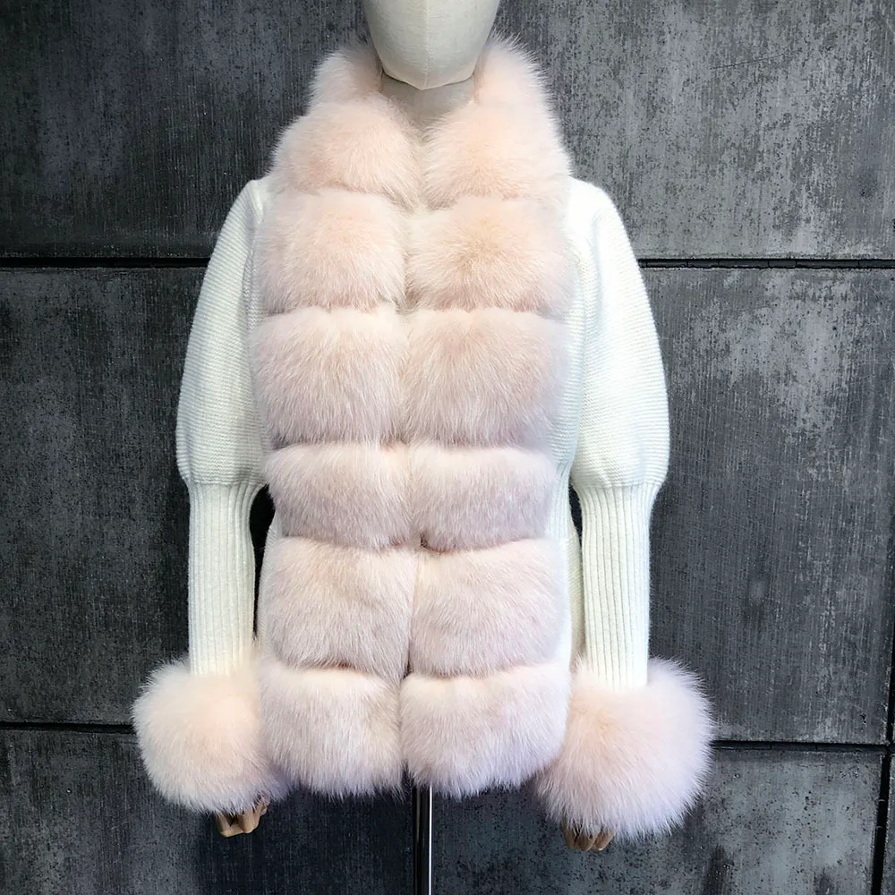 Yoloagain 패션 따뜻한 여성 버블 슬리브 리얼 폭스 모피 칼라 양모 스웨터 카디건 재킷 201212