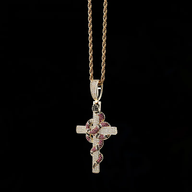 Retro Snake Cross Pendant Real Gold Electropated Full of Cz Iced Out Diamond Mens Halsband Hip Hop Jewelry208L