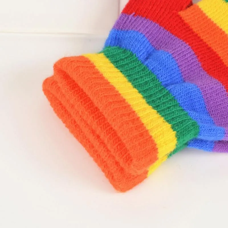 Kids Winter Knitted Full Half Finger Gloves Rainbow Colorful Striped Boys Girls Harajuku Outdoor Windproof Mittens 5-15T289K