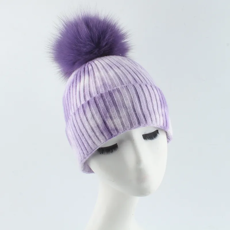 2020 New Fashion Real Fur Pompon Beanie Hat For Women Winter Wool knitted Cap Female Tie Dye Luxury Skullies LJ2012213045667751690270l