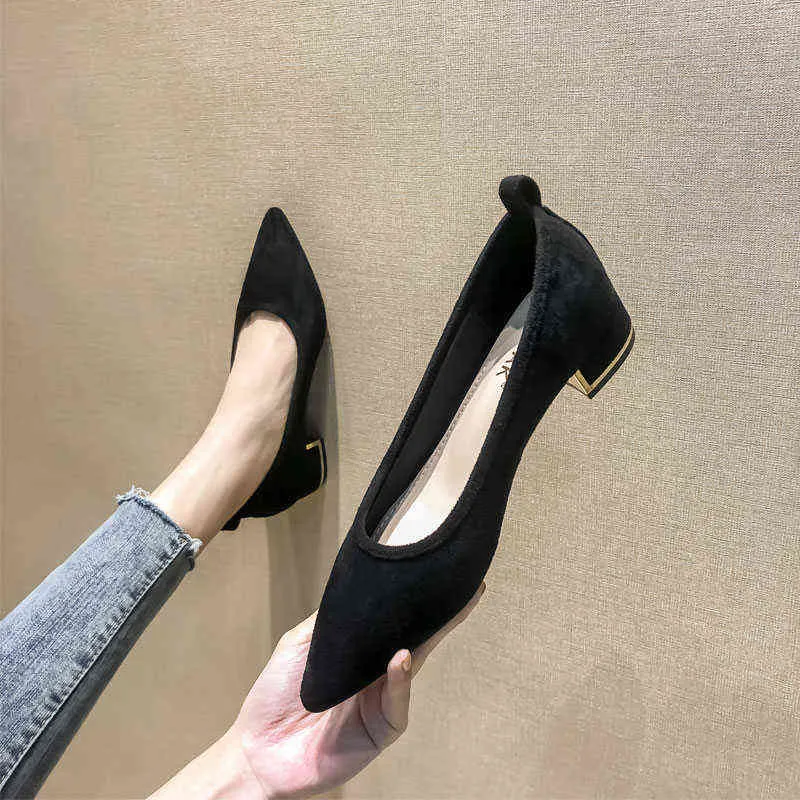 Dress Shoes Real Flock Pumps Female Shoes Solid Color Thick High Heels Women Pointed Toe Slip On Dress Shoes OL Work Pumps Ladies High Heels 220315