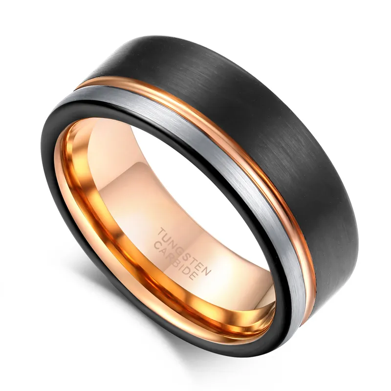 TIGRADE Men Tungsten Black Rose Gold Line Brushed 8mm Wedding Band Engagement Ring Men's Party Jewelry Bague Homme Q1218262p