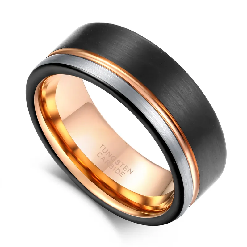 Tigrade Men Tungsten Black Rose Gold Line Brited 8mm Wedding Band Band Learge Men's Party Jewelry Bague Homme Q1218274S