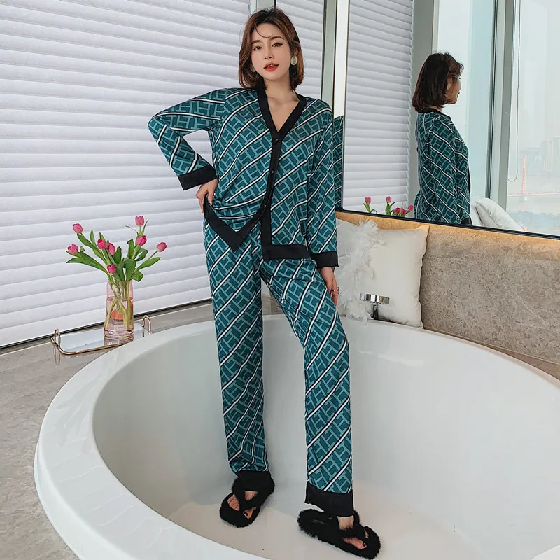 Women's Pajamas Sets Woman Pajama Summer V Neck Design Suit Long Sleeve Trousers Set Home Clothes Sexy Satin Silk Pijamas 220212