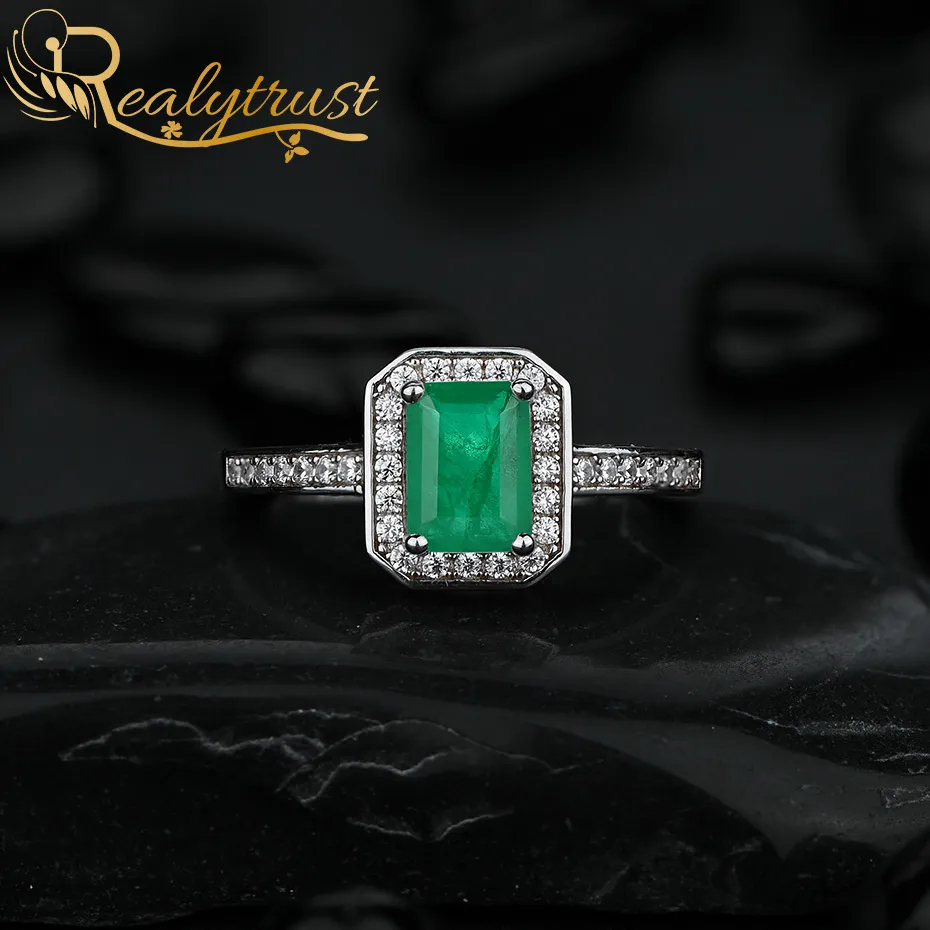 Realytrust 1ct Created Emerald Gemstone Ring for Women Genuine 925 Sterling Silver Fine Jewelry Wedding Anniversary Rings Gift B1205