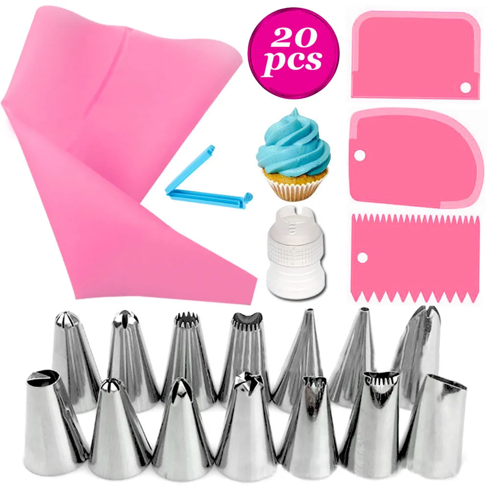 20 stips / set Silikon konditorivaror Tips Kök Diy Icing Piping Cream Reusable Pastry Bags +14 munstyckssätta tårta dekorationsverktyg