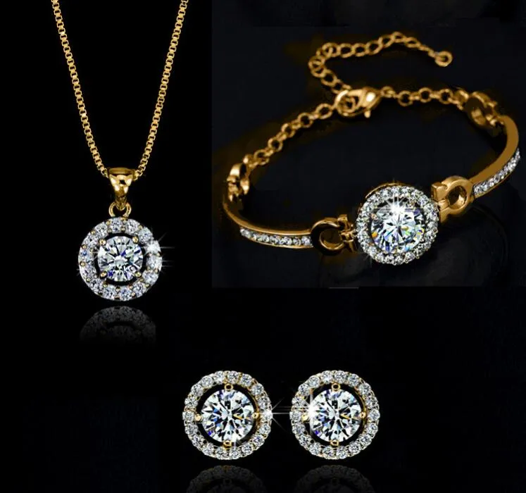 Drop Ship 18K vergoldetes österreichisches Kristall-Halsketten-Armband-Ohrring-Schmuck-Set für Frauen-Damen-weibliche Hochzeits-Schmucksachen 3-teiliges Set287j