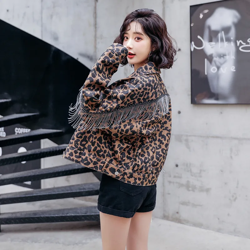 Giacca in denim con frange sul retro con maniche a pipistrello femminile primavera e autunno versione coreana giacca corta da studente leopardo bf sciolta 201112