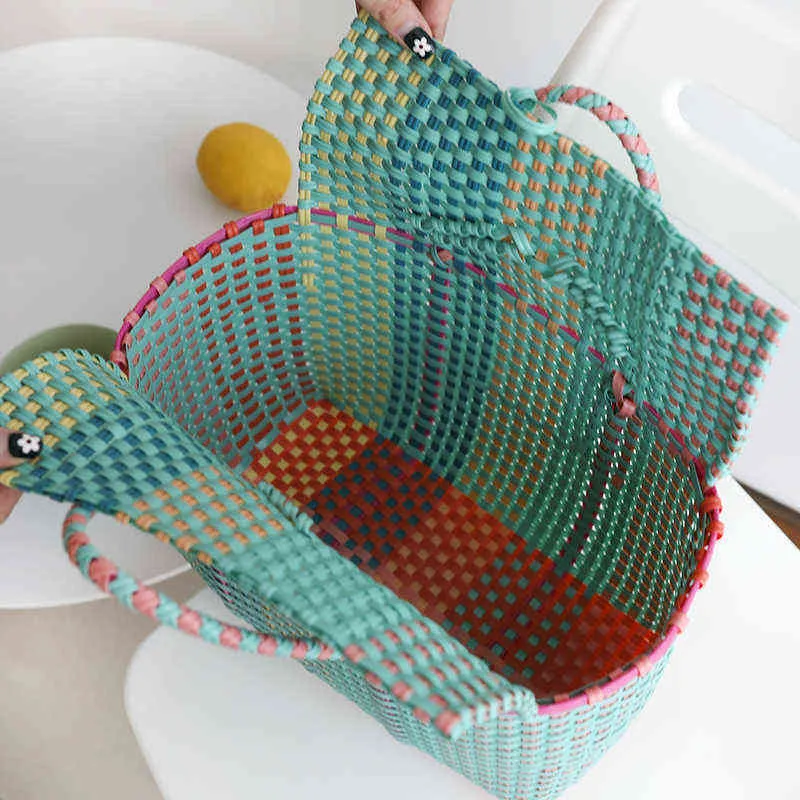 Shopping Bags Women Durable Weave Beach Woven Bucket Casual Tote Handbags Popular Receive Straw Plastic Braided Basket 220303