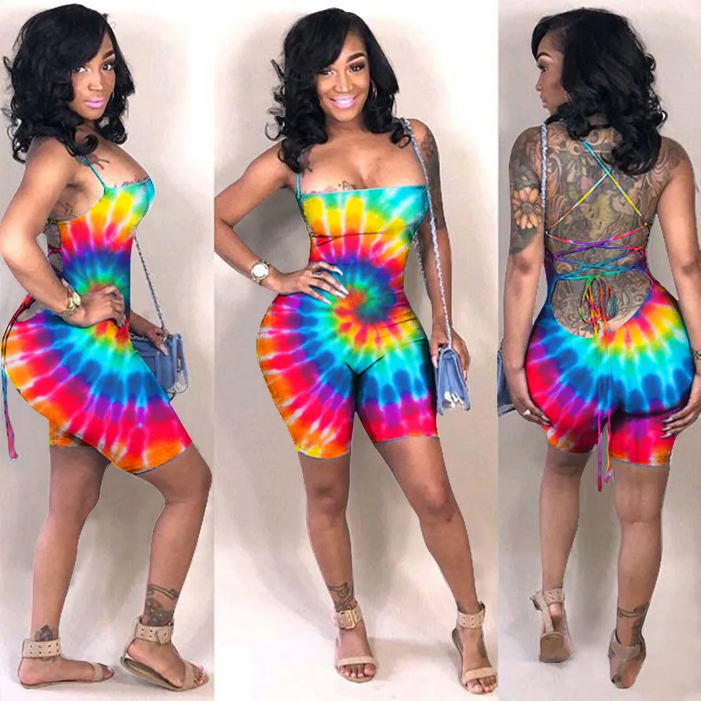 ANJAMANOR Tie Dye Rainbow Print Romper Women Sexy Backless Bodycon Shorts Jumpsuit Plus Size Rompers Summer Playsuit D74-AA28 T200704