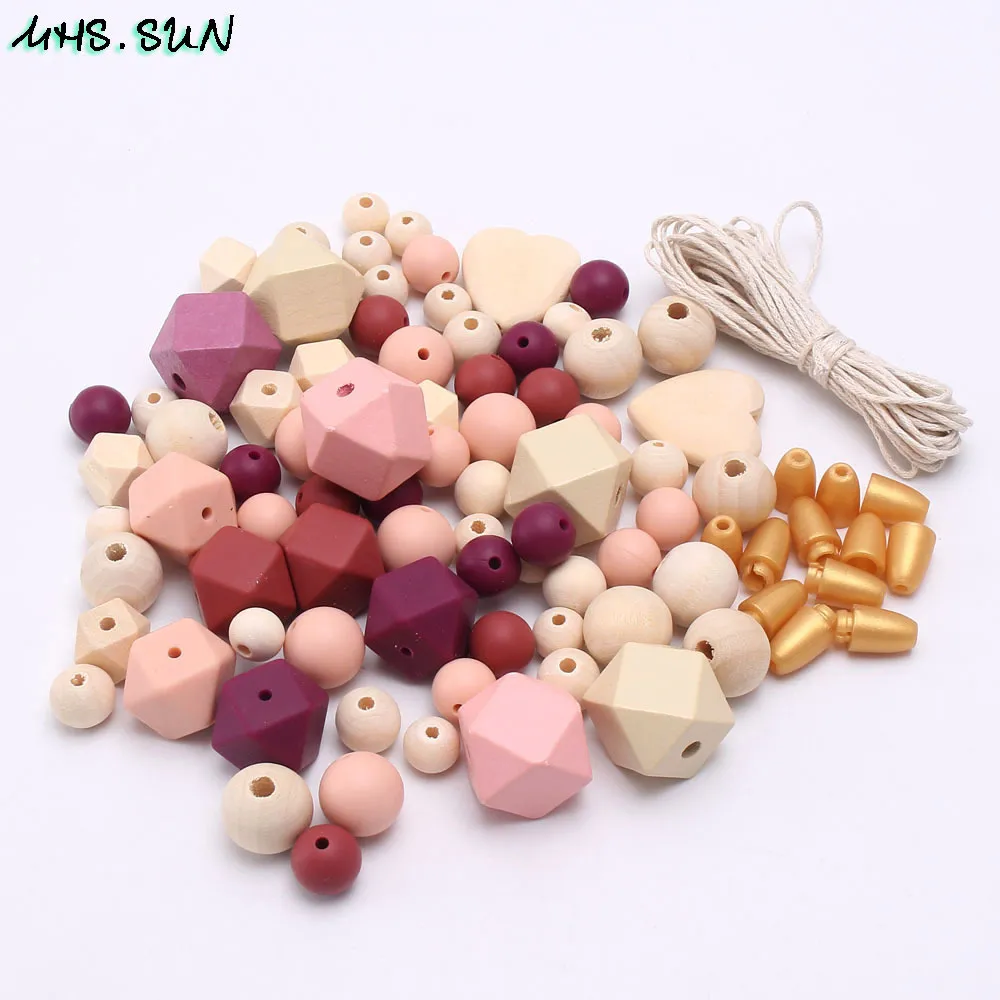 MHS SUN Silicone Teether Beads Set Making Necklace Pacifier Clip Kits Box Original Wood Beads Kids DIY Teething Jewelry Toy 200930296x