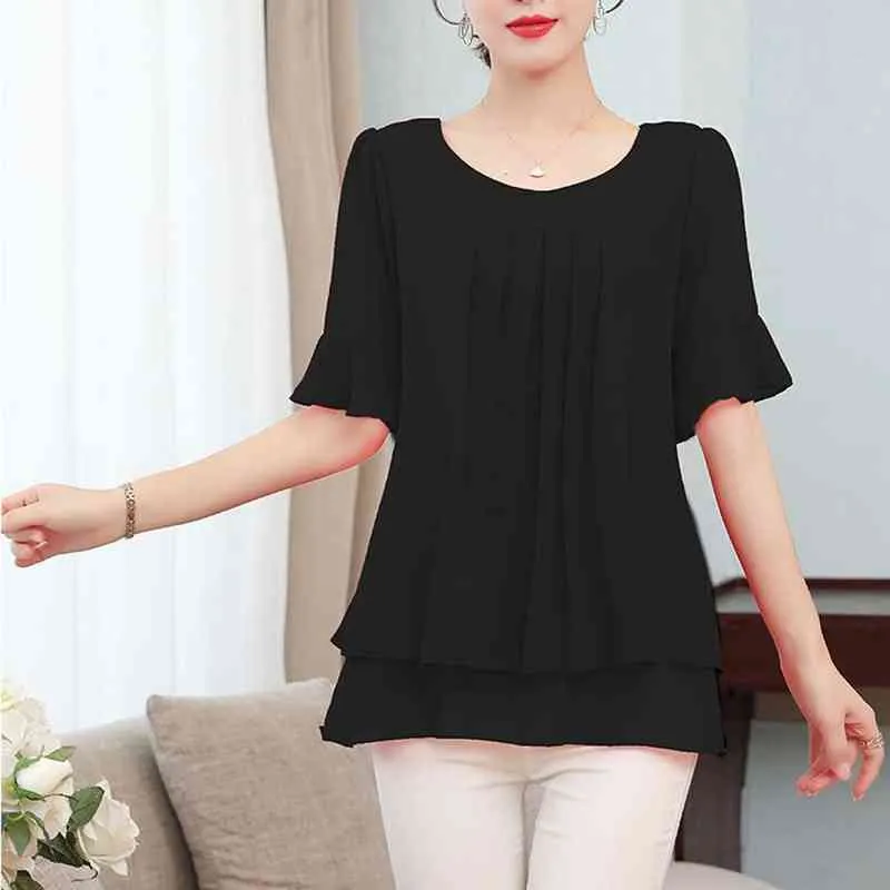 Lady Solid Color Blouse Kvinnor Gul Fashion Top Chiffon Kortärmad Casual Shirt Blus Elegant Office Wear Femme 2020 H1230