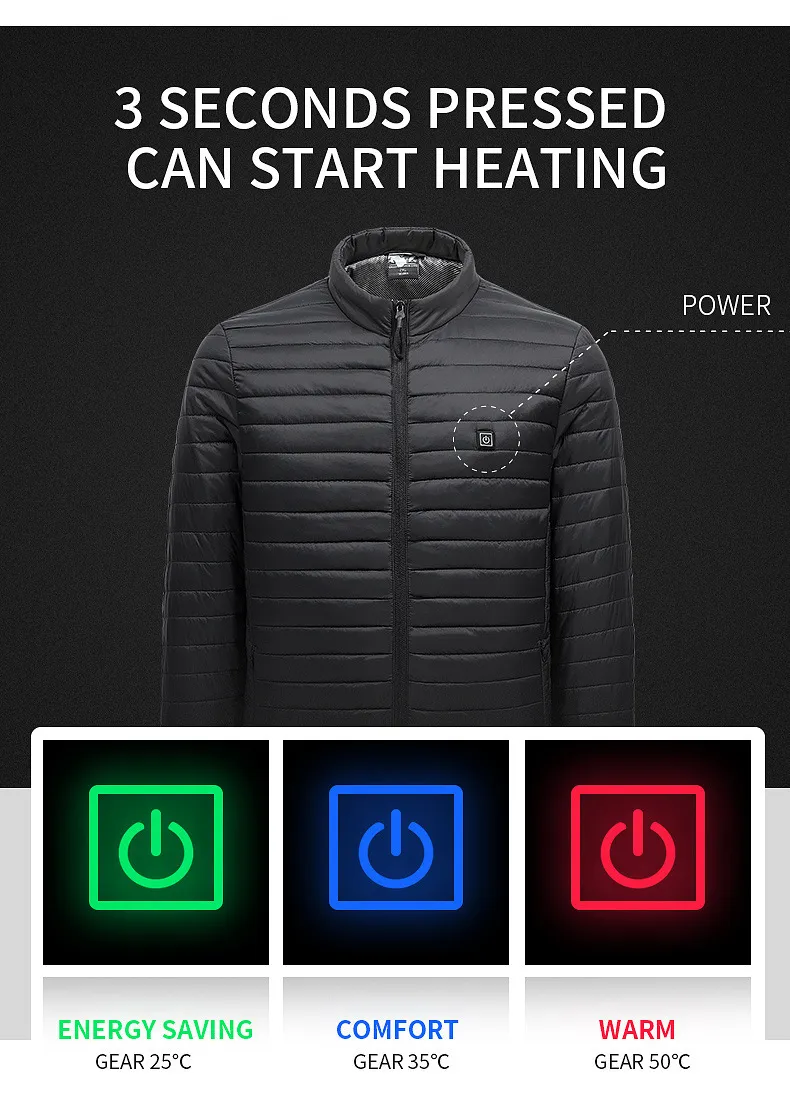 Hommes Heate Veste Hiver Chaud USB Électrique Chauffage Gilet Intelligent Thermostat À Capuche Chauffant Vêtements Imperméable Rembourré Manteau 220301