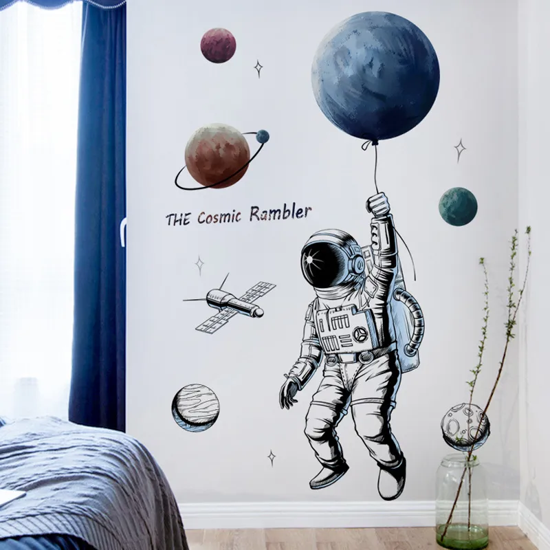 クリエイティブスペースプラネット宇宙飛行士ウォールステッカーキッズルームのためのボーイズベッドルームデカールDIY壁画PVCポスターペーパーY200103