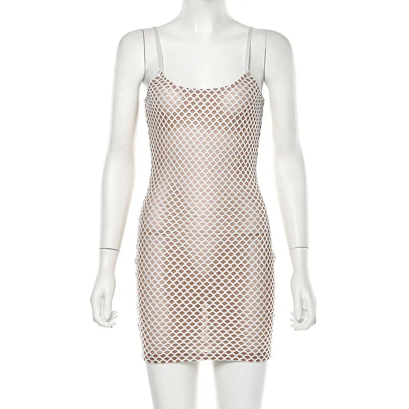 Boofeenaa Hollow Fishnet Mesh Çıplak Seksi Kadın Elbise Parti Gece Kulübü Giymek Spagetti Kayışı Mini Bodycon Bandaj Elbiseleri C83-I62 T200707