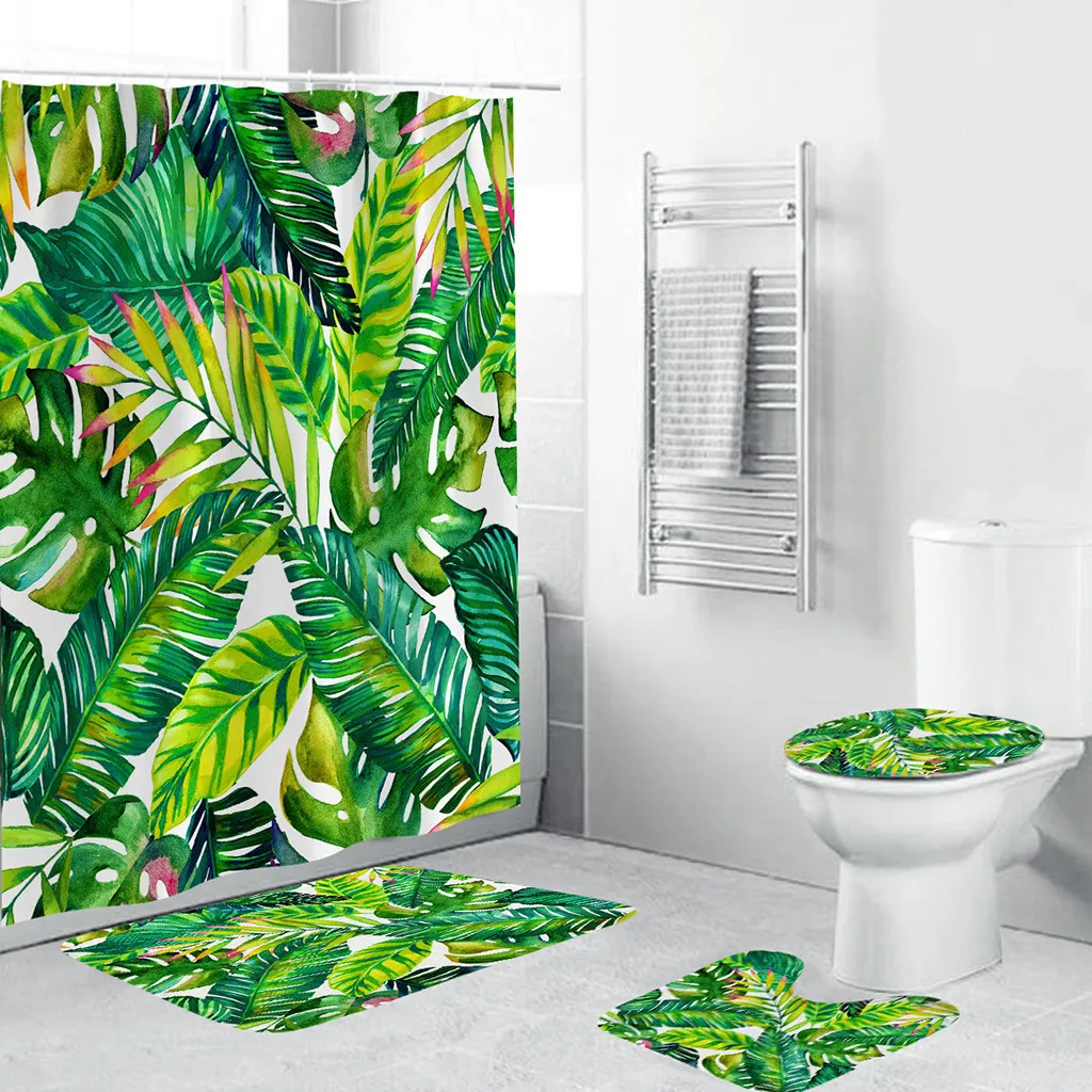 Ouneed / set paysage créatif salle de bain rideaux de douche ensemble motif antidérapant imperméable toilettes rideaux de douche couverture tapis ensemble 201030
