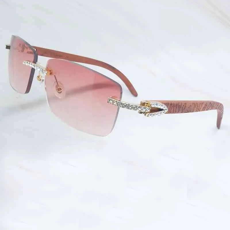 2024 FADE OFF UIT LUXE Designer Nieuwe heren- en dames zonnebril van houten mannen Strass Rimless Square Color Craved Wood Shades Iced Out Decoration Eyewear