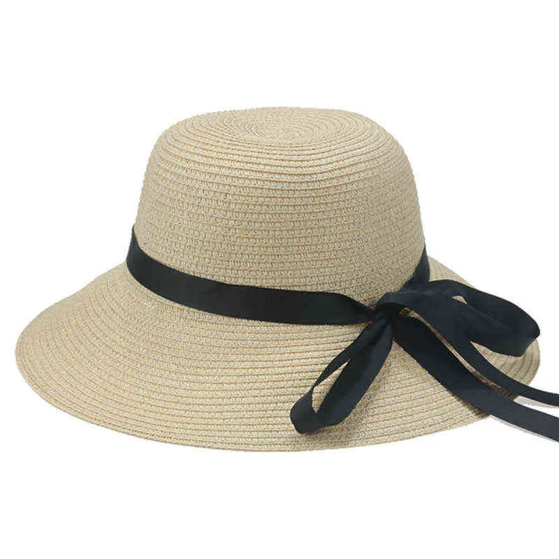 Kvinnor Sommarhattar Bucket Hat Sol Straw Buckets Mössor För Kvinnor Bowknot Casual Formell Sun Protection Straw Hat Sombreros de Mujer G220301