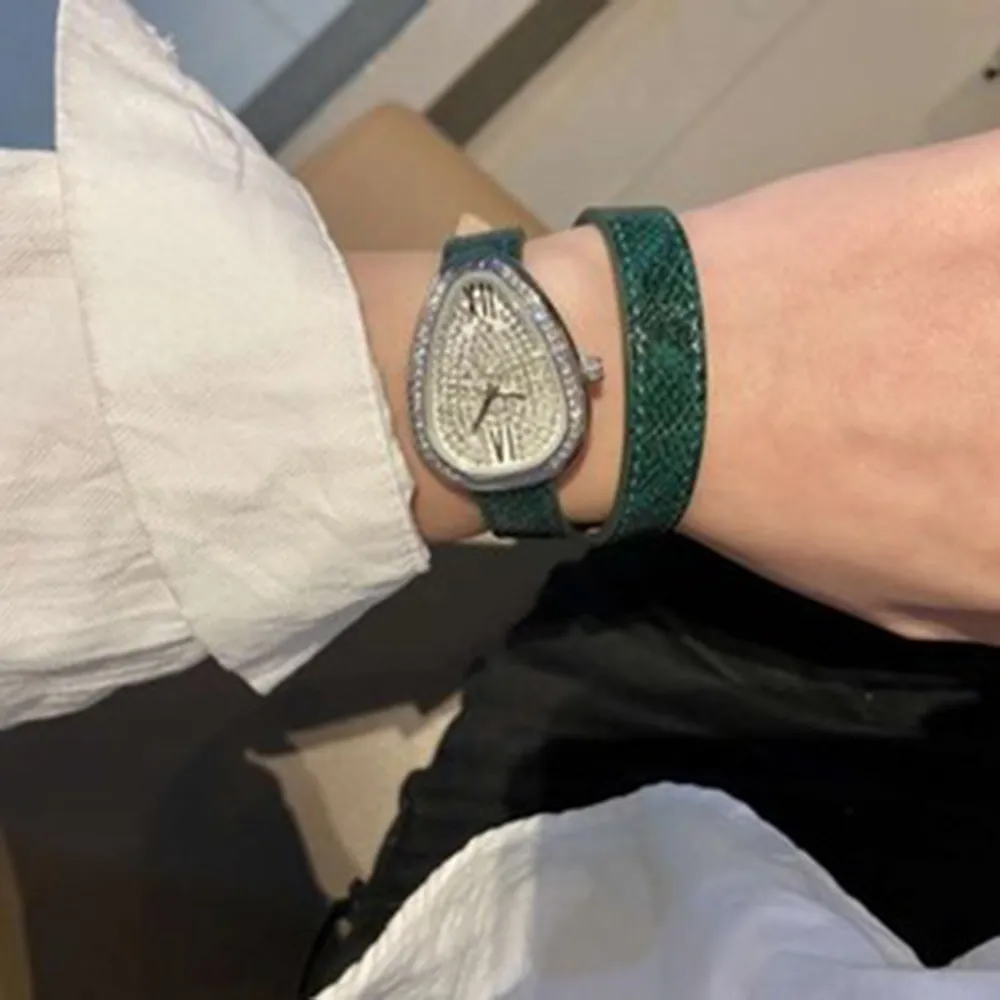 Snake Shape Wrist Watch European American Quartz Pu Two Turns Women Leisure Fashion Luxurious Gules Personlig Watch Zircon236m