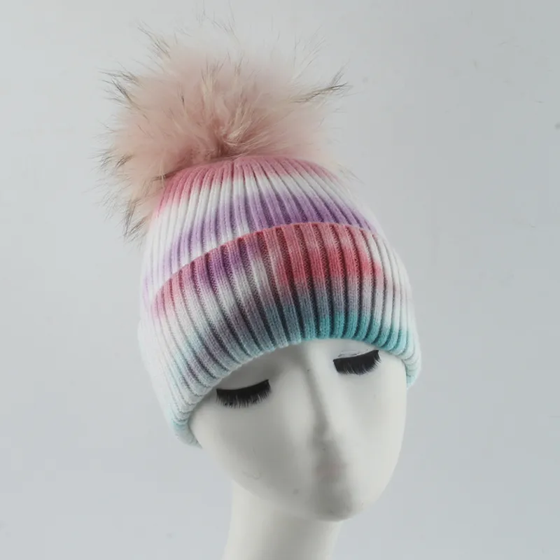 2020 New Fashion Real Fur Pompon Beanie Hat For Women Winter Wool knitted Cap Female Tie Dye Luxury Skullies LJ2012213045667751690270l