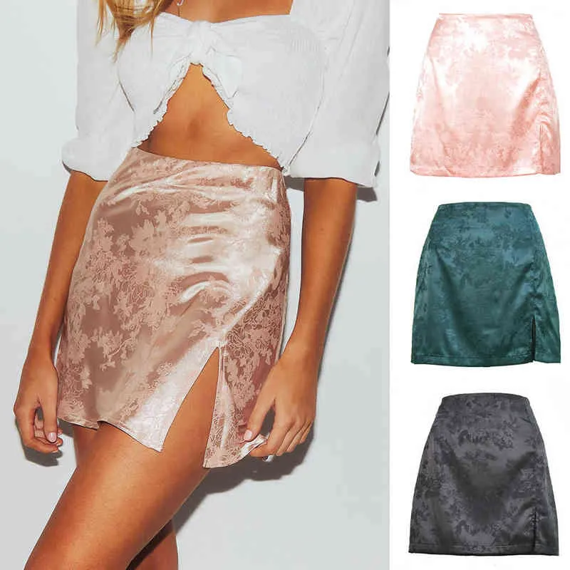 Summer Ladies Fashion Hot Style Sexy High-waist Split Short Skirt Satin A-line Skirt with Hip Solid Color All-match Mini Skirt G220309