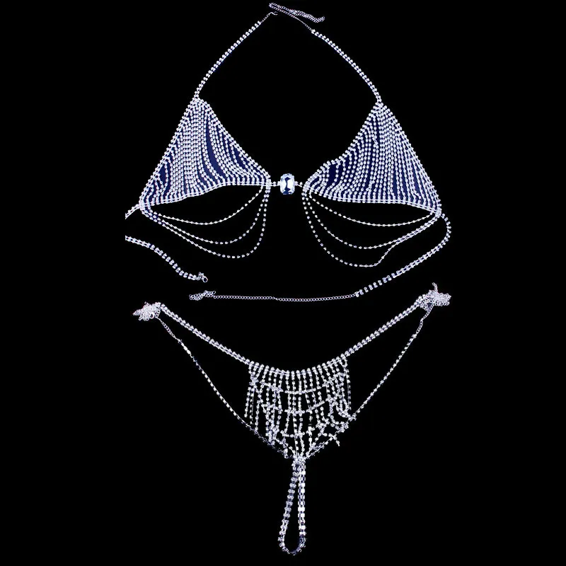 Super Flash bijoux de corps strass ventre chaîne ensemble coincé diamant gland costume Sexy plage Bikini costume