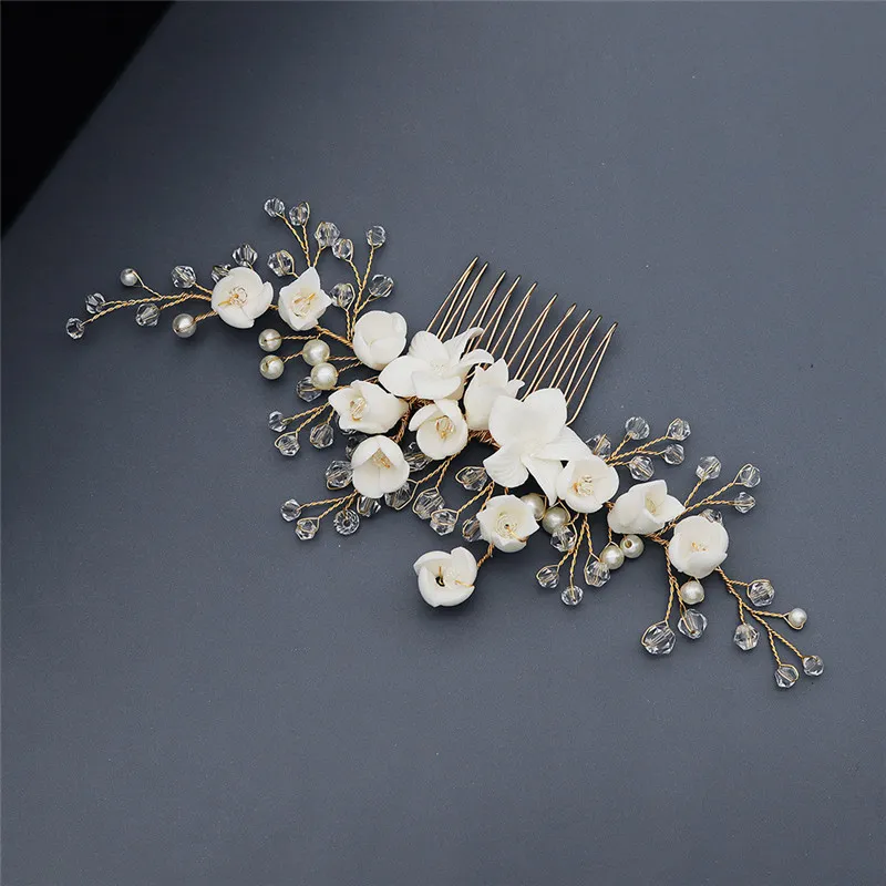 Modna panna młoda Handmade Polimer Gliny Kwiat z Pearl Crystal Hair Comb Grzebień Ślub Ozdoby Ozdoby J0121