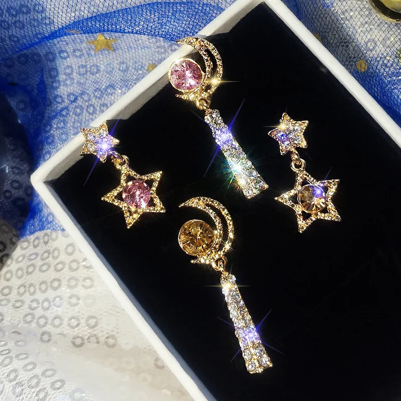 925 aguja de plata asimétrica estrella luna diamante perla pendientes feminidad personalidad coreana neto rojo pendientes