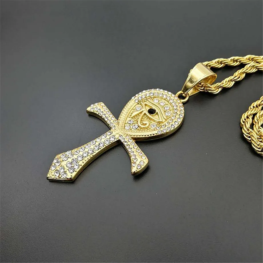 Egyptiska Ankh hänghalsband för kvinnor/män guldfärg rostfritt stål öga av horus halsband is ut bling Egypten smycken 2010147471640