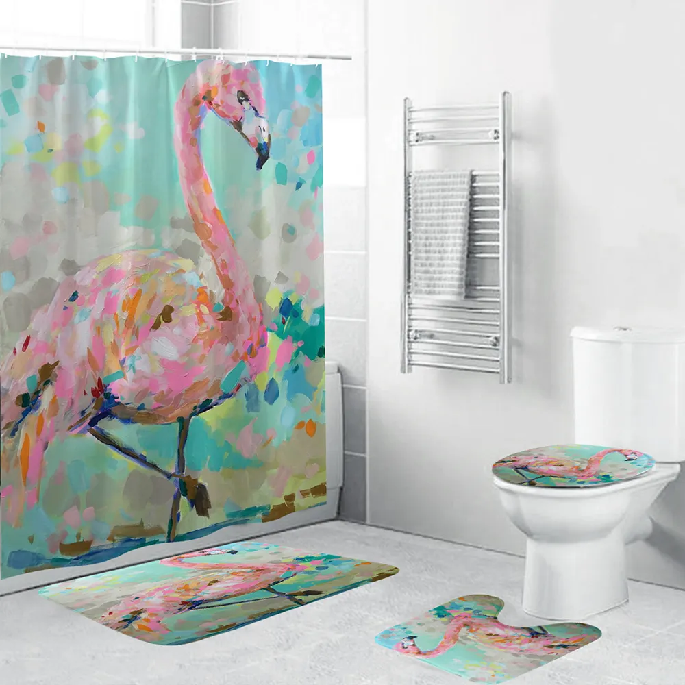 Flamingo Drukuj Wodoodporna Kurtyna Prysznicowa Tkanina Poliestrowa do łazienki Decor Set Soft Toaleta Mata Pad T200711