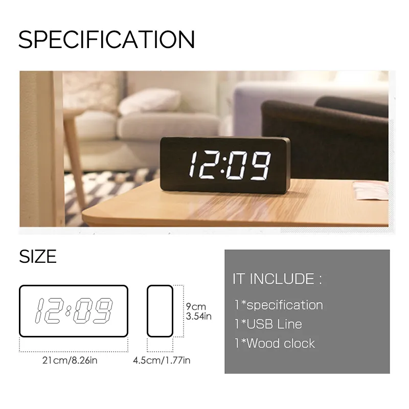 Jinsun Digital Clocks LED Houten Desperdador Moderne Vierkante Kleurrijke Wekker met Temperatuur Voice Control Desktop Sensor LJ200827