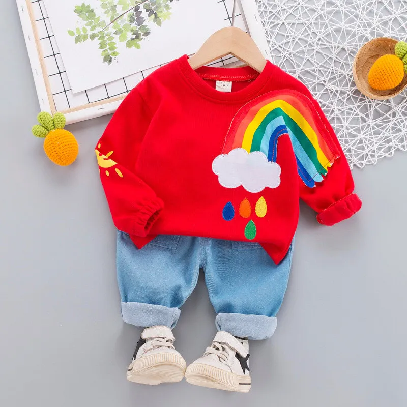 Fashion Kid Boy Clothes Cotton Girls Rainbow Oneck Top Jeans Costume Casual Longsleeve Set for Baby Spring Denim Outfit2931793
