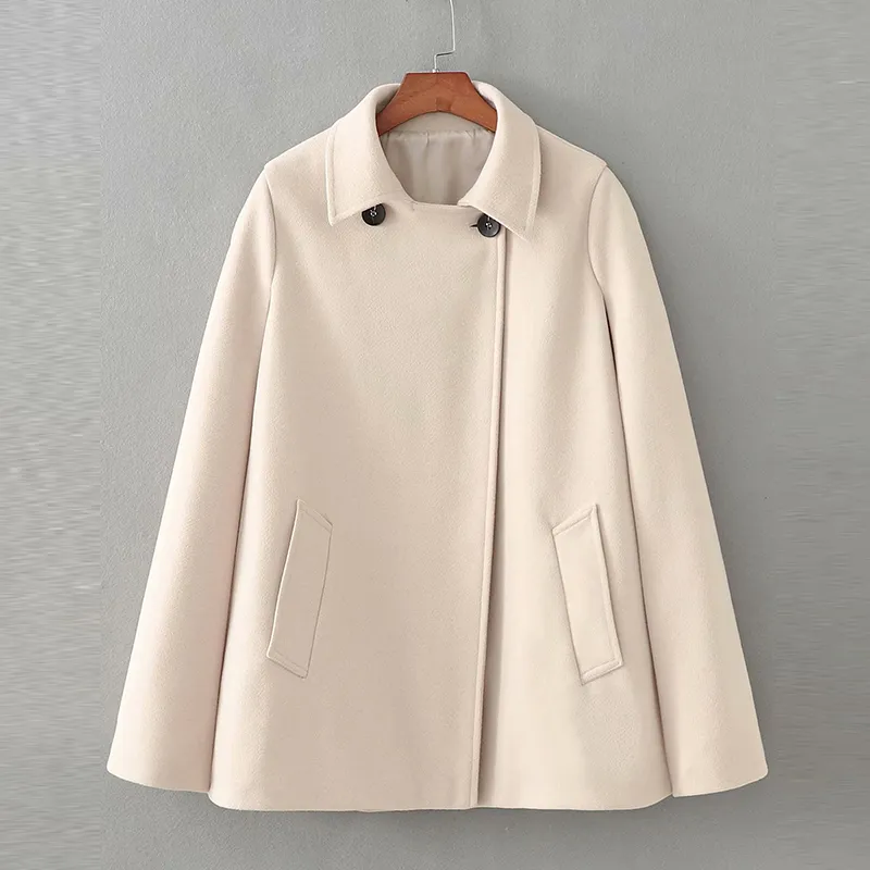 Style ZA Solid Color Loose Cape Women Coat Collect Waist Woolen Single Button Medium Long Coat Women Winter Tops For Woman 201214