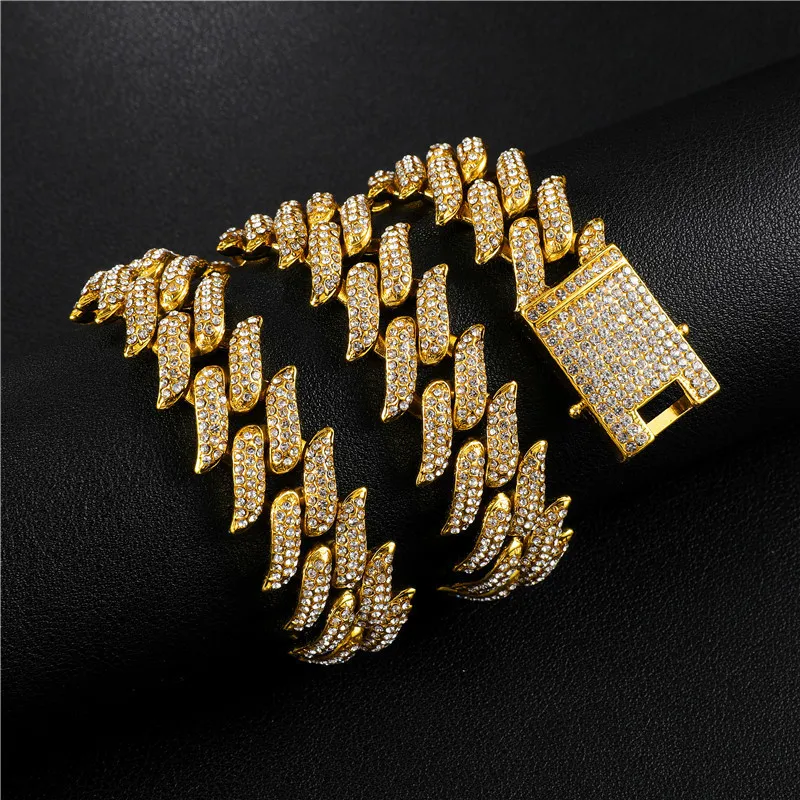 Hip hop bling gelado para fora cheio de strass espinhos masculino pulseira ouro prong cubana link corrente pulseira colar para homens jóias y2311v