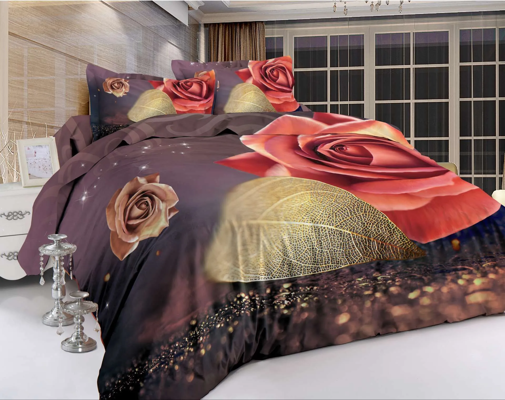 King Size Luxury 3D Rose Bedding SetS Biancheria da letto di colore rosso Copripiumino Set Lenzuolo da sposa Tigre / Delfino / Panda50 LJ200818