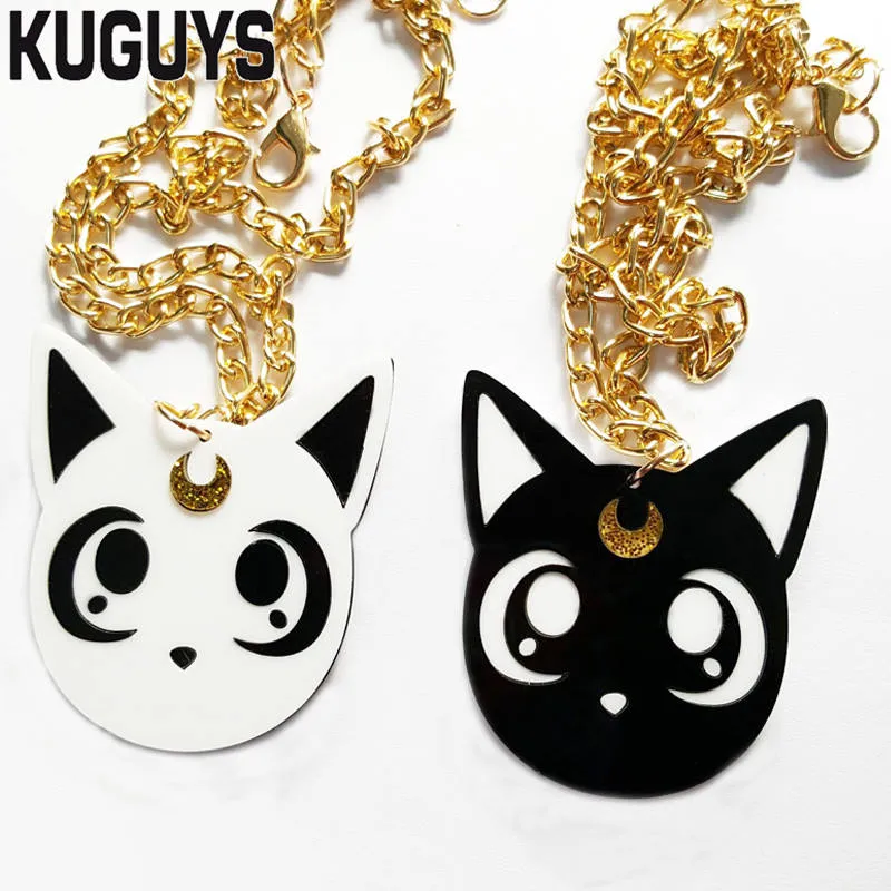 Fashion Jewelry Acrylic Cute Black and White Cat Head Pendant Necklace for Women's Long gold chaiA179s