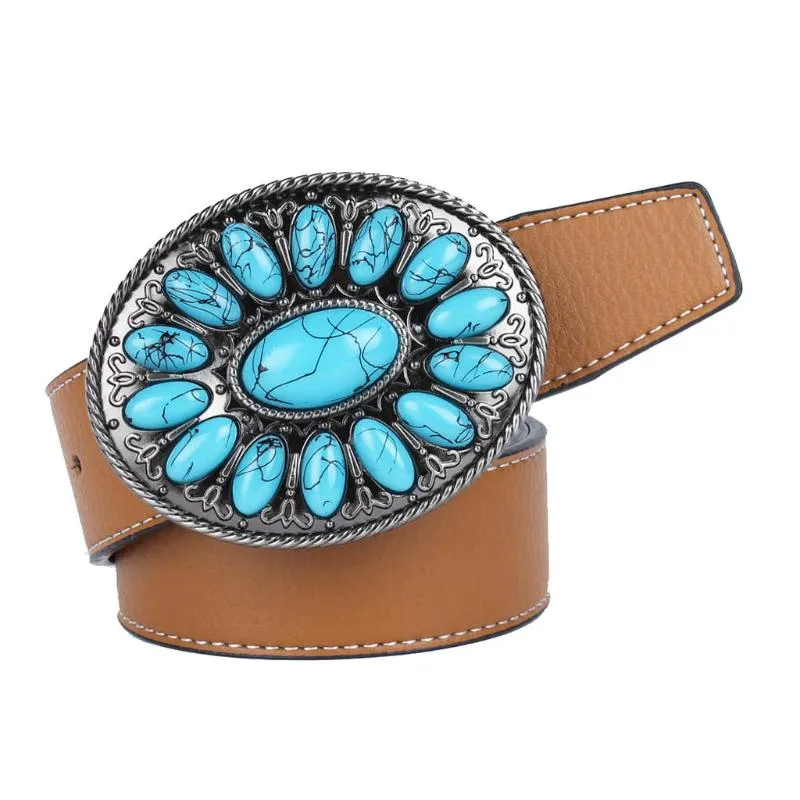 Belts Cowboy Belt Western Leather With Bohemian Faux Turquoise Buckle Black Brown287e