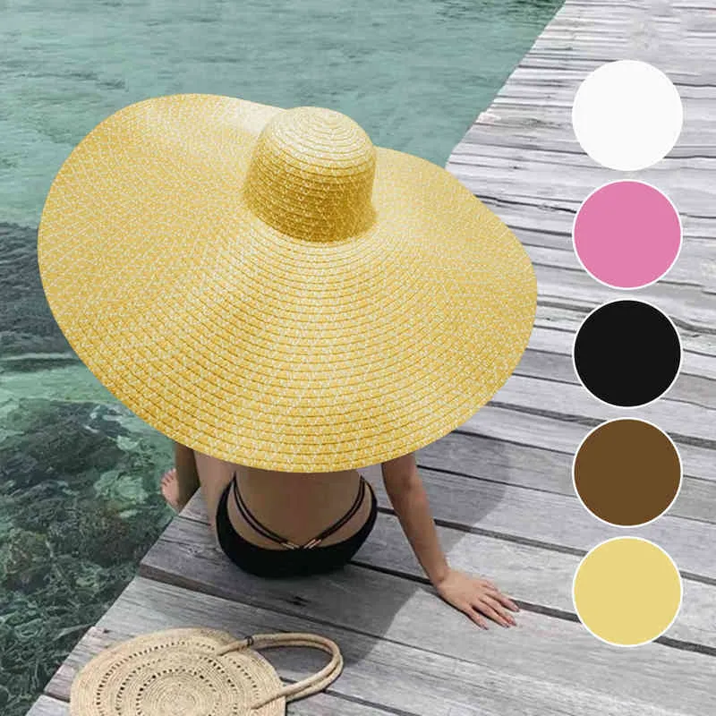 70cmの直径の大きい広い縁の麦わら帽子女性のビーチの帽子大きい女性夏2022 UVの保護折りたたみ式太陽色合い帽子サンハットG220301