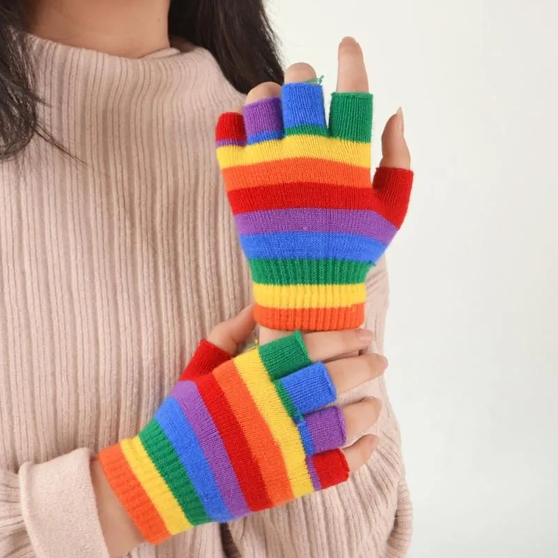 Kids Winter Knitted Full Half Finger Gloves Rainbow Colorful Striped Boys Girls Harajuku Outdoor Windproof Mittens 5-15T289K