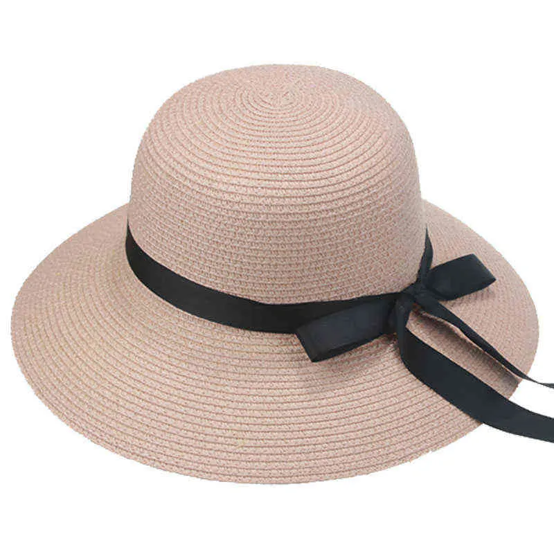 Kvinnor Sommarhattar Bucket Hat Sol Straw Buckets Mössor För Kvinnor Bowknot Casual Formell Sun Protection Straw Hat Sombreros de Mujer G220301